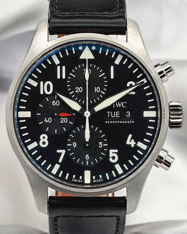 2018 IWC Schaffhausen Pilot Chronograph 43MM Black Dial Leather Strap (IW377709)