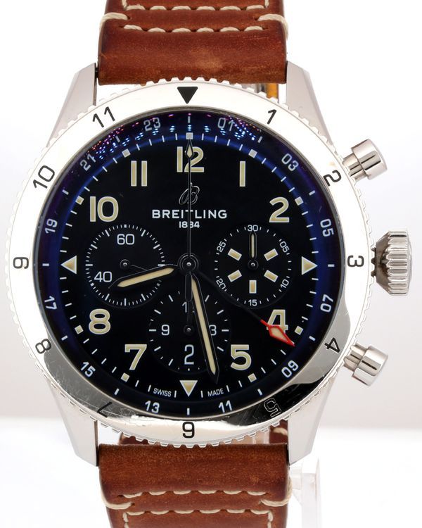 No Reserve - Breitling Super Avi B04 Chronograph GMT P-51 Mustang 46MM Black Dial Leather Strap (AB0445)