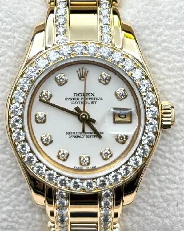 1991 (X Serial) Rolex Lady-Datejust "Siberite Diamonds" 29MM White Dial Yellow Gold Pearlmaster Bracelet (69298)
