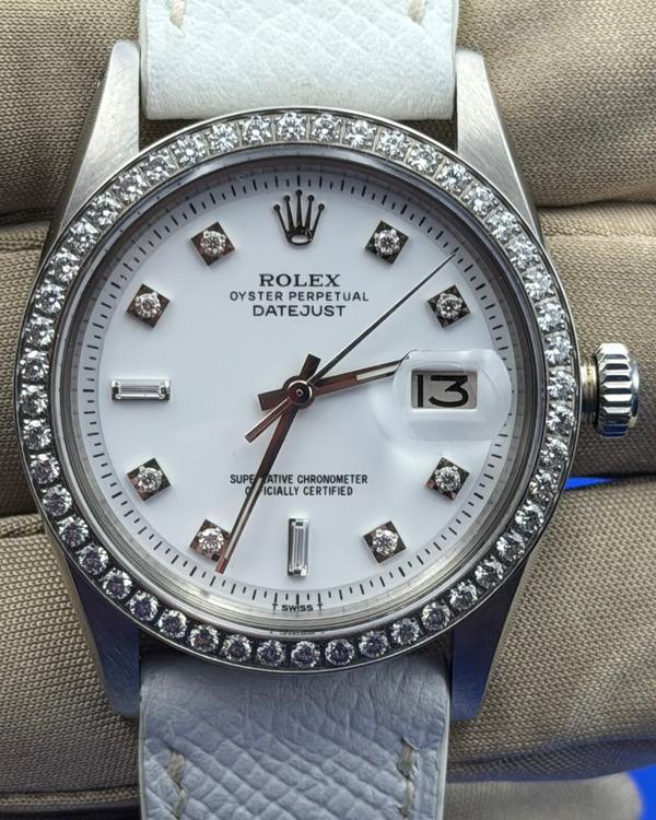 1978 Rolex Datejust 36MM Aftermarket White Dial Aftermarket Leather Strap (1601)