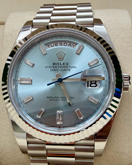 2026 Rolex Day-Date 40MM Ice Blue "Baguette" Dial Platinum President Bracelet (228236)
