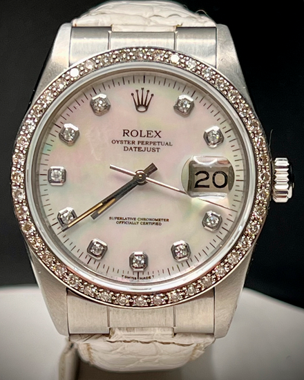 No Reserve - 1985 Rolex Datejust 36MM Mother of Pearl Dial Aftermarket Leather Strap (16014)