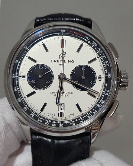 No Reserve - 2023 Breitling Premier B01 Chronograph "Panda" 42MM Silver Dial Leather Strap (AB0118221G1P1)
