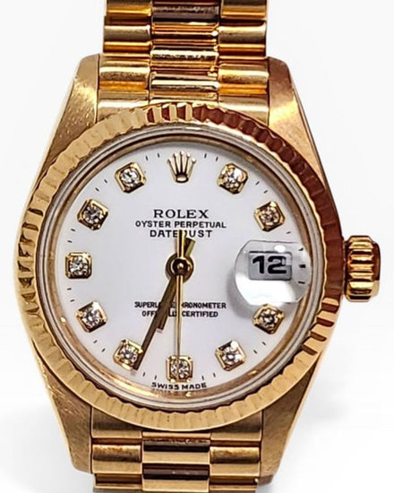 1999 Rolex Lady-Datejust 26MM White Dial Yellow Gold President Bracelet (69178)