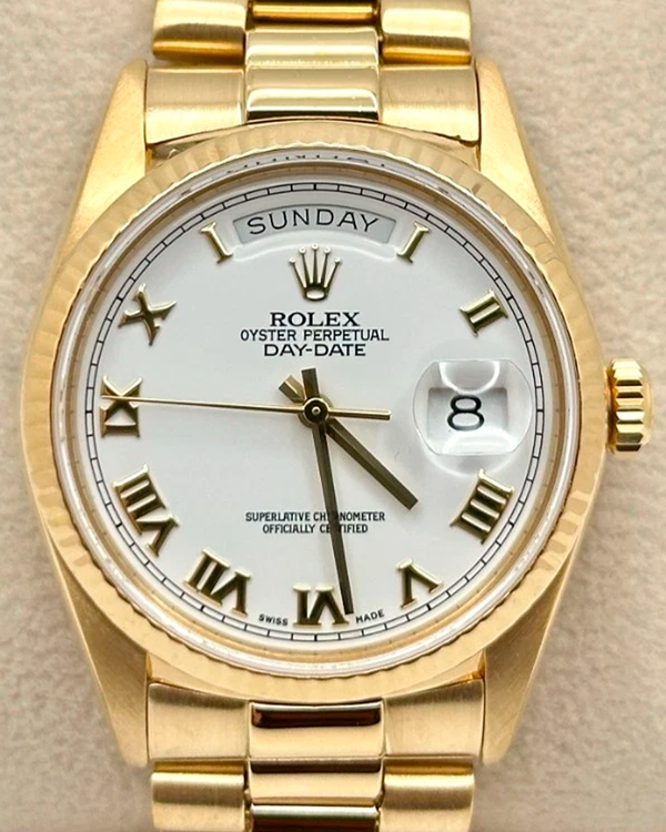 1986 (8.9 Mill. Serial) Rolex Day-Date 36MM White Dial Yellow Gold President Bracelet (18038)