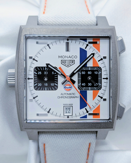 2025 Tag Heuer Monaco Chronograph x Gulf L.E. 39MM Silver Dial Textile Strap (CAW218G.EB0393)