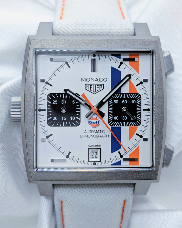 2025 Tag Heuer Monaco Chronograph x Gulf L.E. 39MM Silver Dial Textile Strap (CAW218G.EB0393)