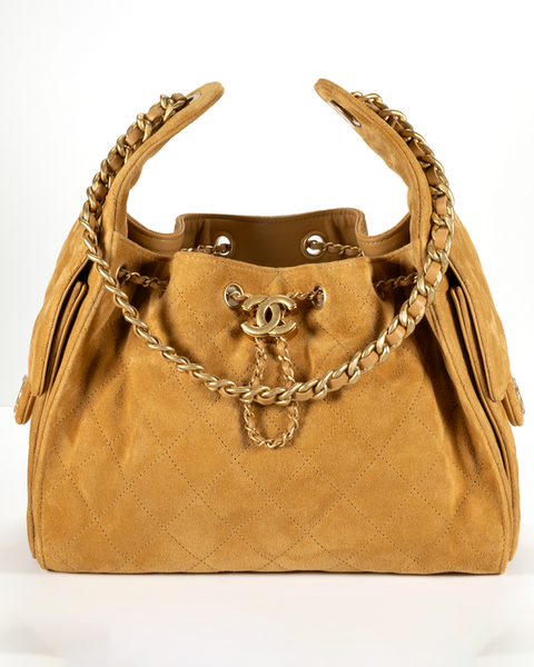 Chanel 25 Small 26C Beige/Camel Suede With Aged Gold Hardware (25