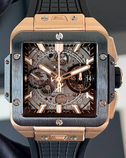 2023 Hublot Square Bang Unico King Gold 42MM Skeleton Dial Rubber Strap (821.OM.0180.RX)