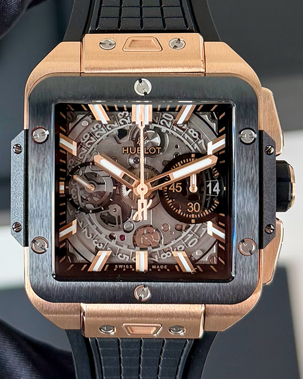 2023 Hublot Square Bang Unico King Gold 42MM Skeleton Dial Rubber Strap (821.OM.0180.RX)