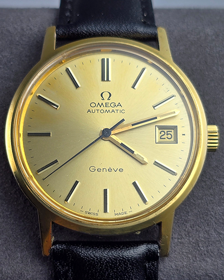 No Reserve - 1973 Omega Geneve Vintage 35MM Champagne Dial Aftermarket Leather Strap (166.0163)
