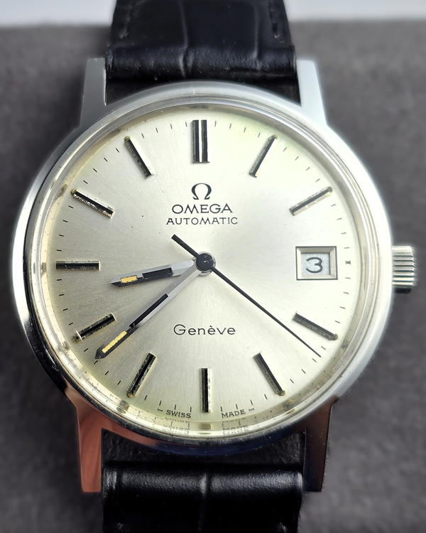 No Reserve - 1974 Omega Geneve Vintage 35MM Silver Dial Aftermarket Leather Strap (166.0163)