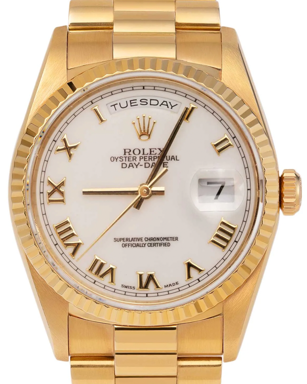 Rolex Day-Date 36MM White Dial Yellow Gold President Bracelet (18238)