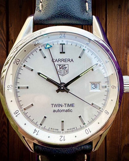 No Reserve - Tag Heuer Carrera Twin-Time 39MM Silver Dial Leather Strap (WV2116)