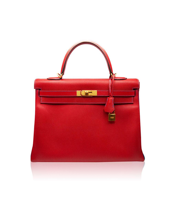 2014 Hermès Kelly 35 Epsom Verso Rouge Casaque And Blue Hydra Brushed GHW 35 x 25 x 12cm Epsom Leather Yellow Gold Hardware Leather Strap (35)