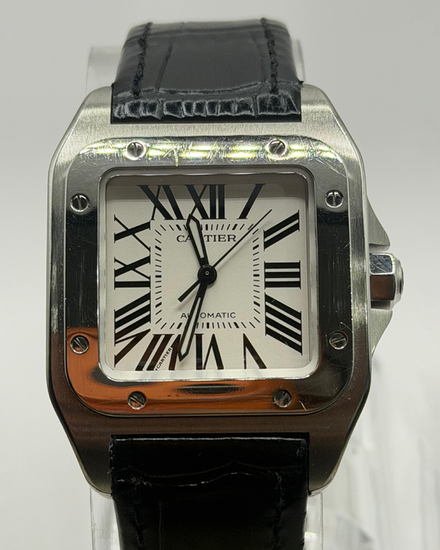 Cartier Santos 100 Medium 33MM White Dial Aftermarket Leather Strap (2878)