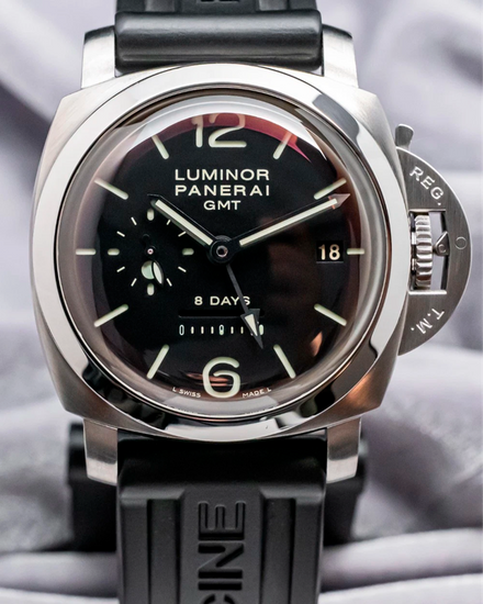 2008 Panerai Luminor 1950 8 Days GMT 44MM Black Dial Rubber Strap (PAM00233)