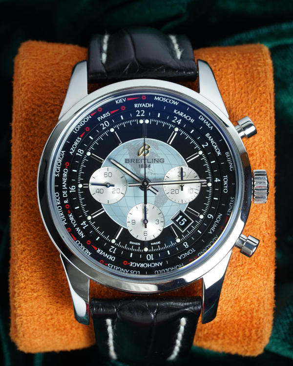 Breitling Transocean Chronograph Unitime 46MM Black Dial Leather Strap (AB0510U4/BB62)
