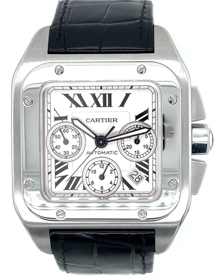 Cartier Santos 100 XL Chronograph 42MM Silver Dial Leather Strap (W20090X8)