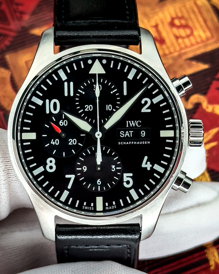 No Reserve - 2019 IWC Schaffhausen Pilot Chronograph 43MM Black Dial Leather Strap (IW377709)