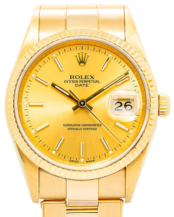 Rolex Oyster Perpetual Date 34MM Champagne Dial Yellow Gold Oyster Bracelet (15238)