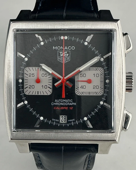 No Reserve - Tag Heuer Monaco Calibre 12 39MM Black Dial Leather Strap (CAW2114)