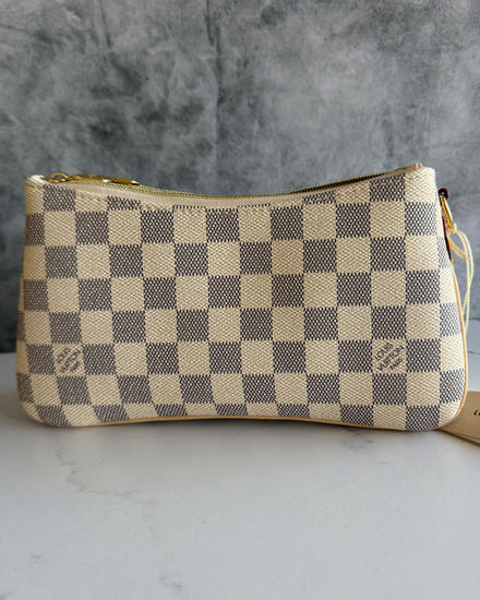 Louis Vuitton Liv Pochette 5.3 x 9.6IN Damier Azur Coated Canvas Steel Hardware Leather Strap (Pochette Liv)