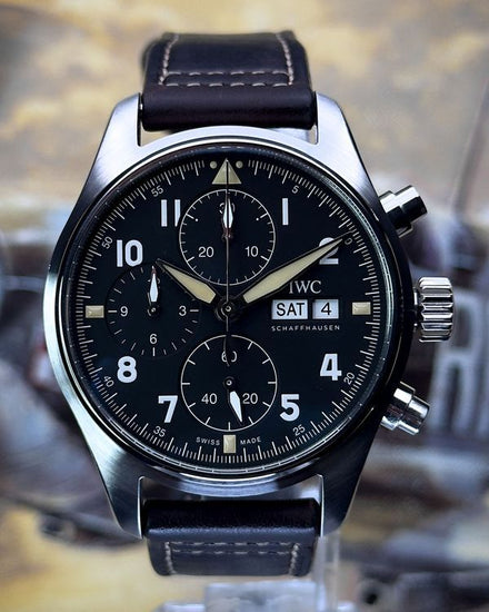 2022 IWC Schaffhausen Pilot Spitfire Chronograph 41MM Black Dial Leather Strap (IW387903)