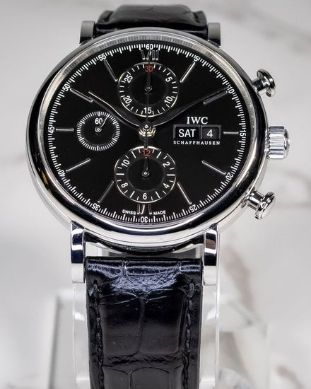 No Reserve - 2017 IWC Schaffhausen Portofino Chronograph 42MM Black Dial Leather Strap (IW391008)