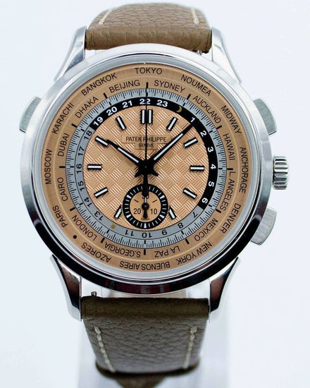 2023 Patek Philippe World Time Chronograph Flyback 41MM Pink Dial Leather Strap (5935A)