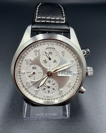 2012 IWC Schaffhausen Pilot Spitfire Chronograph 42MM Silver Dial Leather Strap (IW371702)