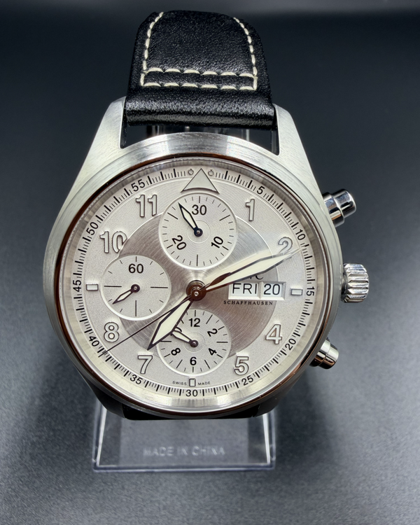 2012 IWC Schaffhausen Pilot Spitfire Chronograph 42MM Silver Dial Leather Strap (IW371702)