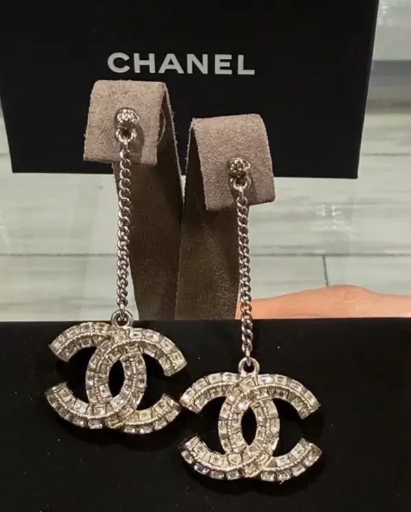 2022 Chanel Accessories CC Dangle Earrings 1 x 2.25IN Silver-Toned Metal Baguette Crystal (CC Dangle Earrings)