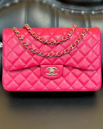 Chanel Classic Flap Large 7.6 x 11.7 x 3.9IN Caviar Leather Gold-Tone Hardware Leather Strap (Fuchsia Pink)