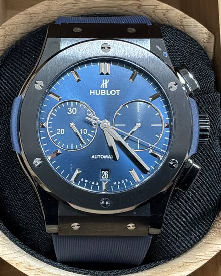 2025 Hublot Classic Fusion Ceramic Blue Chronograph 45MM Blue Dial Rubber Strap (521.CM.7170.RX)