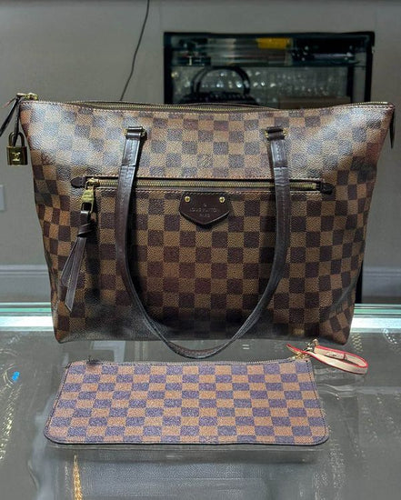 Louis Vuitton Iéna MM Tote 16 x 10.5 x 6.55 IN Damier Ebene Coated Canvas Gold-Tone Hardware Leather Strap (Damier N41012)