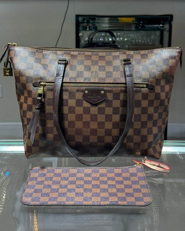 Louis Vuitton Iéna MM Tote 12 x 11 x 7IN Damier Ebene Coated Canvas Gold-Tone Hardware Leather Strap (Damier N41012)