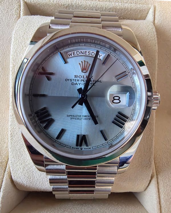2019 Discontinued Rolex Day-Date 40MM Ice Blue "Quadrant Motif" Dial Platinum President Bracelet (228206)