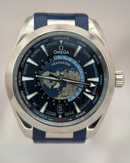 2022 Omega Seamaster Aqua Terra GMT-World Timer 43MM Blue Dial Rubber Strap (220.12.43.22.03.001)