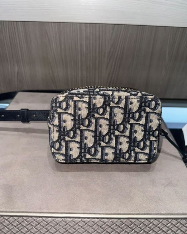 Dior Oblique Belt Pouch 5.1 x 3.3 x 2IN Blue "Jacquard" Textile Gold-Toned Hardware Leather Strap (Oblique Belt Pouch)
