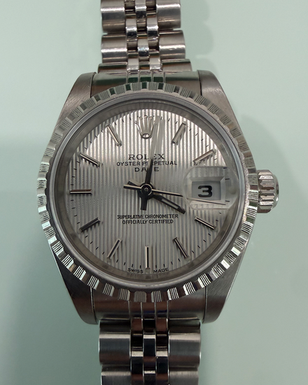 2002 Rolex Oyster Perpetual Lady Date 26MM Silver "Tapestry" Dial Jubilee Bracelet (79240)