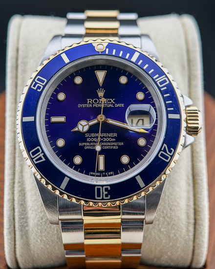 No Reserve - 1991 Rolex Submariner Date "Bluesy" 40MM Blue "Tropical" Dial Two-Tone Oyster Bracelet (16613LB)