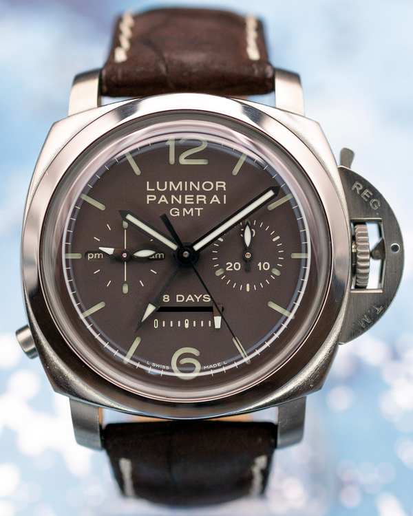 2008 Panerai Luminor 1950 8 Days Chrono Monopulsante GMT 44MM Brown Dial Aftermarket Leather Strap (PAM00311)