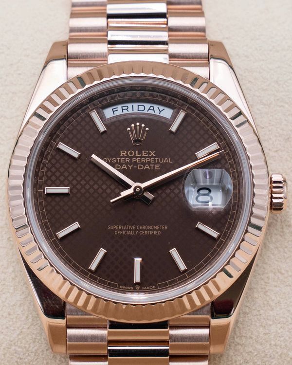 2018 Rolex Day-Date 40MM Chocolate "Diagonal Motif" Dial Rose Gold President Bracelet (228235)