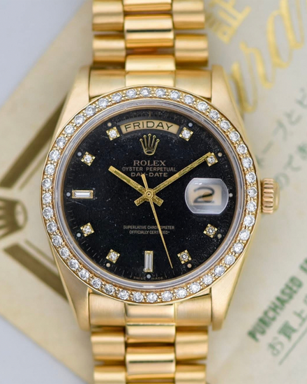 1984 Rolex Day-Date 36MM Black Dial Yellow Gold President Bracelet (18038)
