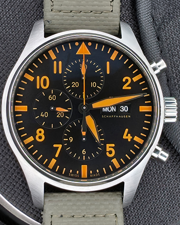 2023 IWC Schaffhausen Pilot Chronograph "Orange Storm" S. E. 43MM Black Dial Leather Strap (IW377730)