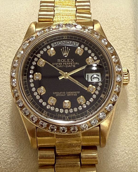 Rolex Day-Date 36MM Aftermarket Black Dial Yellow Gold "Bark" President Bracelet (18078)