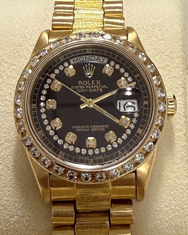 Rolex Day-Date 36MM Aftermarket Black Dial Yellow Gold "Bark" President Bracelet (18078)