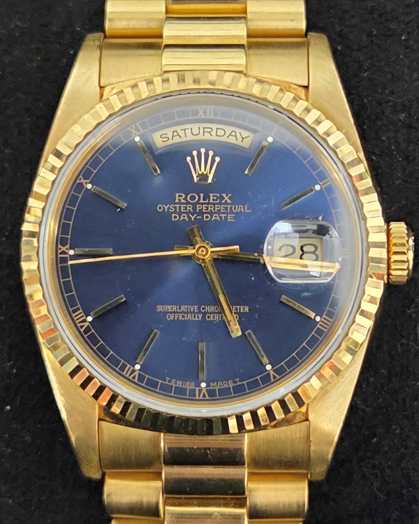 1990 Rolex Day-Date 36MM Blue Dial Yellow Gold President Bracelet (18238)