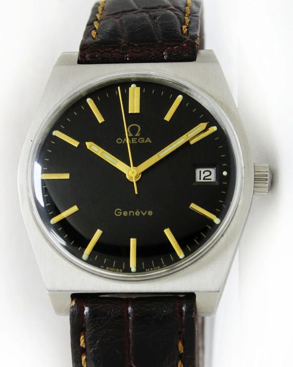 Omega Geneve Vintage 34MM Aftermarket Black Dial Aftermarket Leather Strap (136.0050)